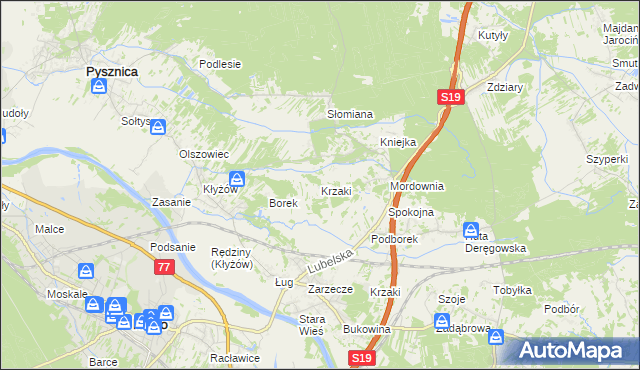 mapa Krzaki gmina Pysznica, Krzaki gmina Pysznica na mapie Targeo