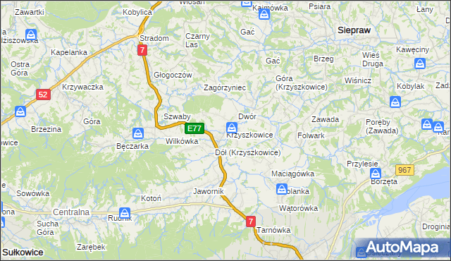 mapa Krzyszkowice gmina Myślenice, Krzyszkowice gmina Myślenice na mapie Targeo
