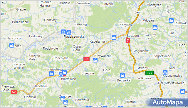 mapa Krzywaczka, Krzywaczka na mapie Targeo