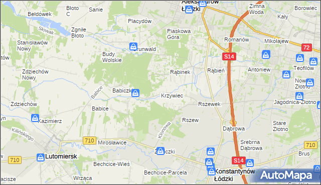 mapa Krzywiec gmina Aleksandrów Łódzki, Krzywiec gmina Aleksandrów Łódzki na mapie Targeo