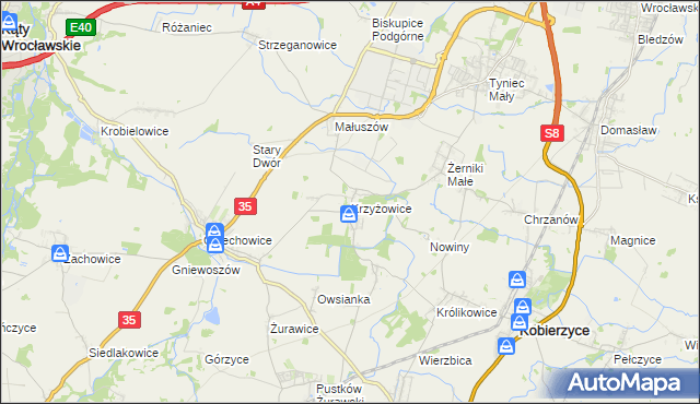mapa Krzyżowice gmina Kobierzyce, Krzyżowice gmina Kobierzyce na mapie Targeo