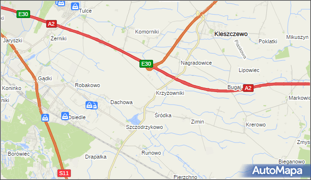 mapa Krzyżowniki gmina Kleszczewo, Krzyżowniki gmina Kleszczewo na mapie Targeo