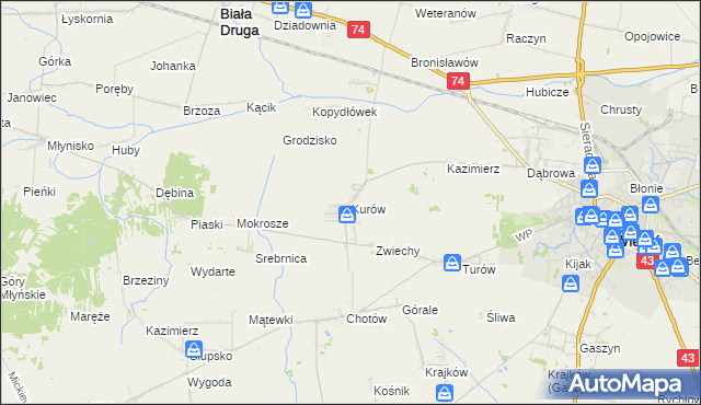 mapa Kurów gmina Wieluń, Kurów gmina Wieluń na mapie Targeo