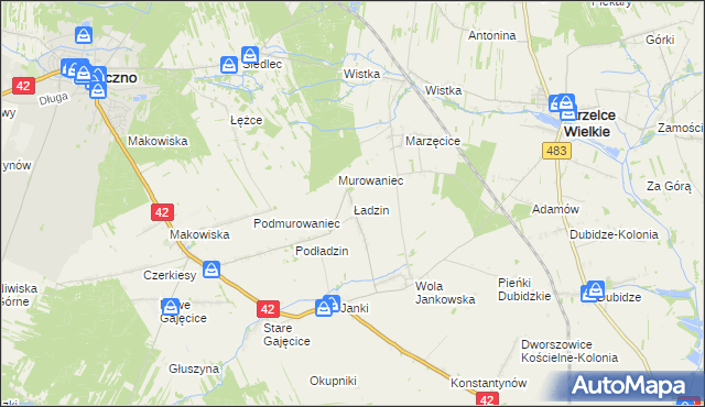 mapa Ładzin gmina Pajęczno, Ładzin gmina Pajęczno na mapie Targeo