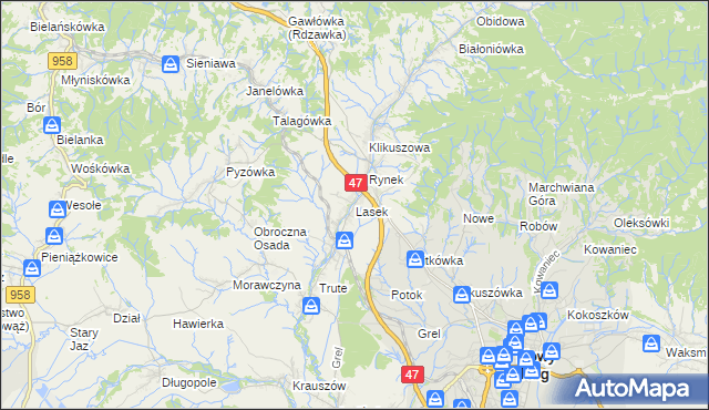 mapa Lasek gmina Nowy Targ, Lasek gmina Nowy Targ na mapie Targeo