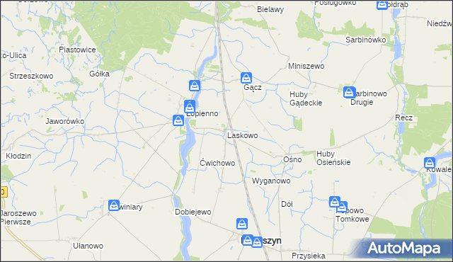 mapa Laskowo gmina Janowiec Wielkopolski, Laskowo gmina Janowiec Wielkopolski na mapie Targeo
