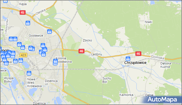 mapa Lędziny gmina Chrząstowice, Lędziny gmina Chrząstowice na mapie Targeo