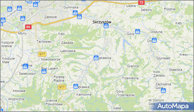 mapa Łękawica gmina Skrzyszów, Łękawica gmina Skrzyszów na mapie Targeo