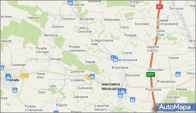 mapa Lesieniec gmina Iwanowice, Lesieniec gmina Iwanowice na mapie Targeo