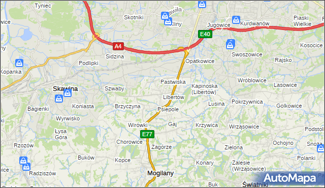 mapa Libertów gmina Mogilany, Libertów gmina Mogilany na mapie Targeo