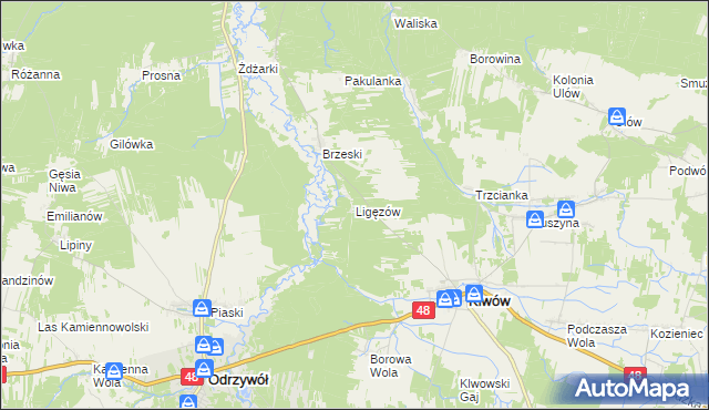 mapa Ligęzów gmina Klwów, Ligęzów gmina Klwów na mapie Targeo