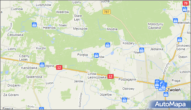 mapa Linów gmina Zwoleń, Linów gmina Zwoleń na mapie Targeo