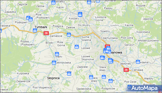 mapa Lipowe gmina Limanowa, Lipowe gmina Limanowa na mapie Targeo