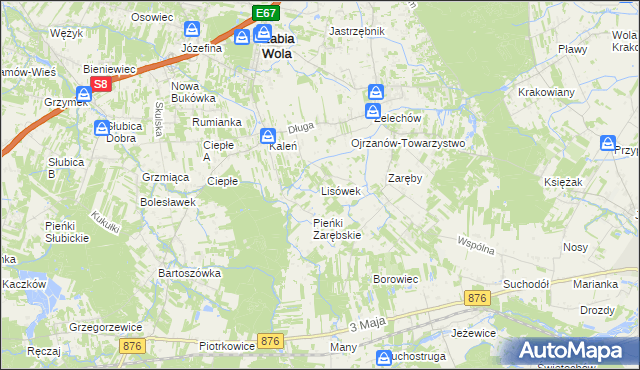 mapa Lisówek gmina Żabia Wola, Lisówek gmina Żabia Wola na mapie Targeo