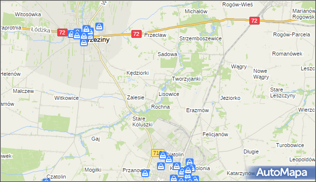 mapa Lisowice gmina Koluszki, Lisowice gmina Koluszki na mapie Targeo