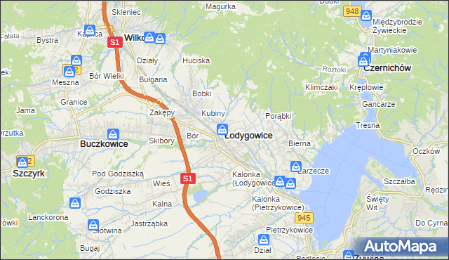 mapa Łodygowice powiat żywiecki, Łodygowice powiat żywiecki na mapie Targeo