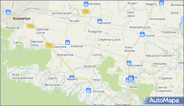 mapa Łomno gmina Pawłów, Łomno gmina Pawłów na mapie Targeo
