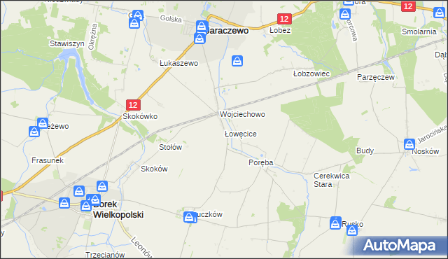 mapa Łowęcice gmina Jaraczewo, Łowęcice gmina Jaraczewo na mapie Targeo