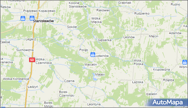 mapa Ludwinów gmina Jakubów, Ludwinów gmina Jakubów na mapie Targeo