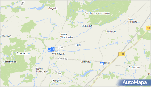 mapa Ługi gmina Zakrzewo, Ługi gmina Zakrzewo na mapie Targeo