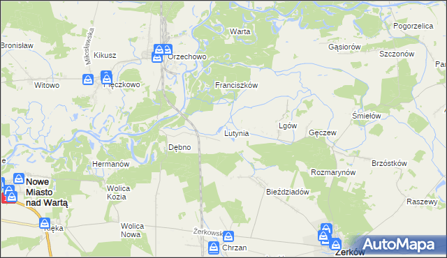 mapa Lutynia gmina Nowe Miasto nad Wartą, Lutynia gmina Nowe Miasto nad Wartą na mapie Targeo