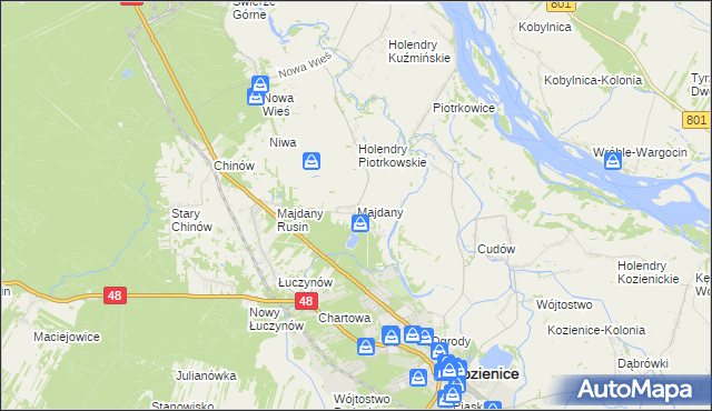 mapa Majdany gmina Kozienice, Majdany gmina Kozienice na mapie Targeo