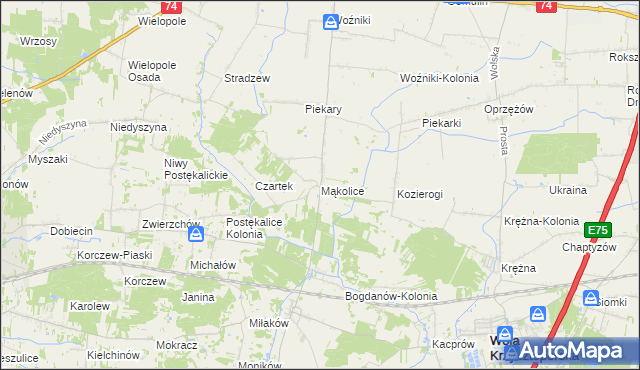 mapa Mąkolice gmina Wola Krzysztoporska, Mąkolice gmina Wola Krzysztoporska na mapie Targeo