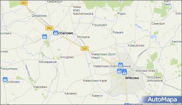 mapa Małachowo-Złych Miejsc, Małachowo-Złych Miejsc na mapie Targeo
