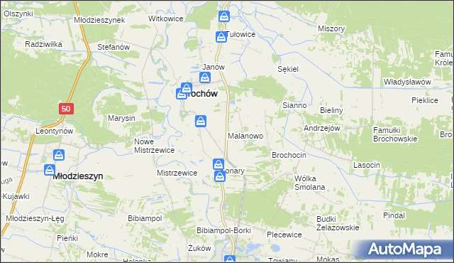 mapa Malanowo gmina Brochów, Malanowo gmina Brochów na mapie Targeo