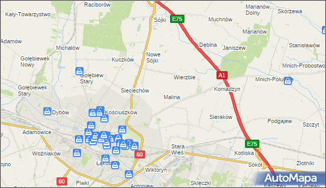 mapa Malina gmina Kutno, Malina gmina Kutno na mapie Targeo
