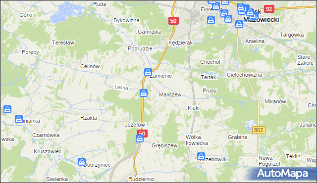 mapa Maliszew gmina Mińsk Mazowiecki, Maliszew gmina Mińsk Mazowiecki na mapie Targeo
