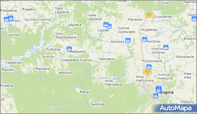 mapa Malkowice gmina Bogoria, Malkowice gmina Bogoria na mapie Targeo
