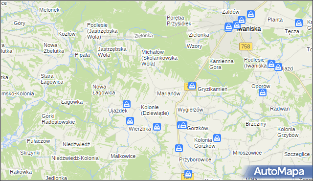 mapa Marianów gmina Iwaniska, Marianów gmina Iwaniska na mapie Targeo