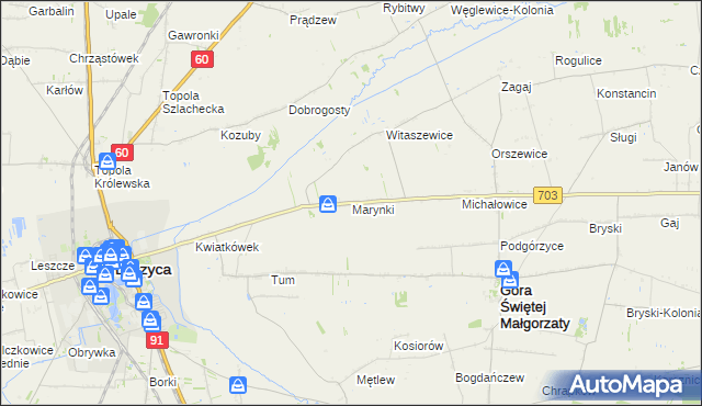 mapa Marynki gmina Góra Świętej Małgorzaty, Marynki gmina Góra Świętej Małgorzaty na mapie Targeo
