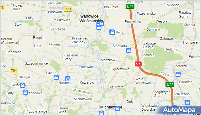 mapa Maszków gmina Iwanowice, Maszków gmina Iwanowice na mapie Targeo