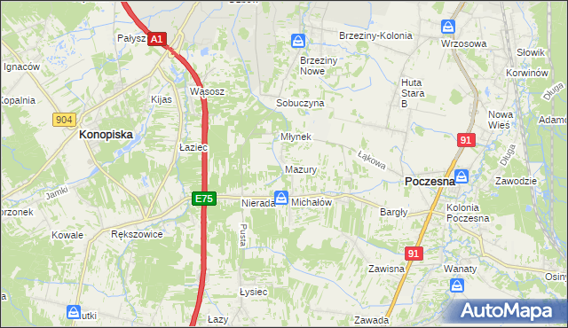mapa Mazury gmina Poczesna, Mazury gmina Poczesna na mapie Targeo