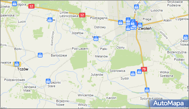 mapa Melanów gmina Zwoleń, Melanów gmina Zwoleń na mapie Targeo