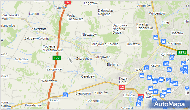 mapa Milejowice gmina Zakrzew, Milejowice gmina Zakrzew na mapie Targeo