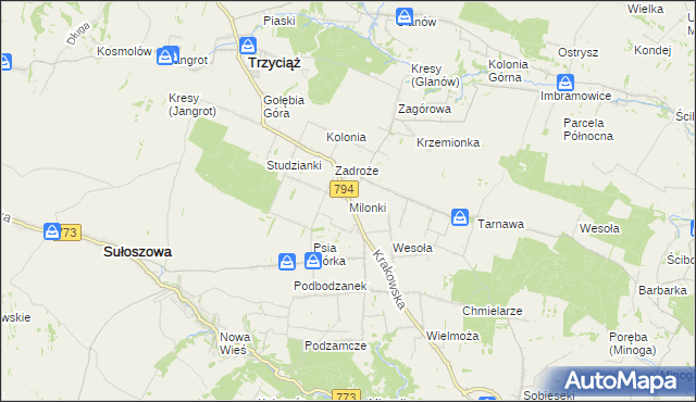mapa Milonki gmina Trzyciąż, Milonki gmina Trzyciąż na mapie Targeo