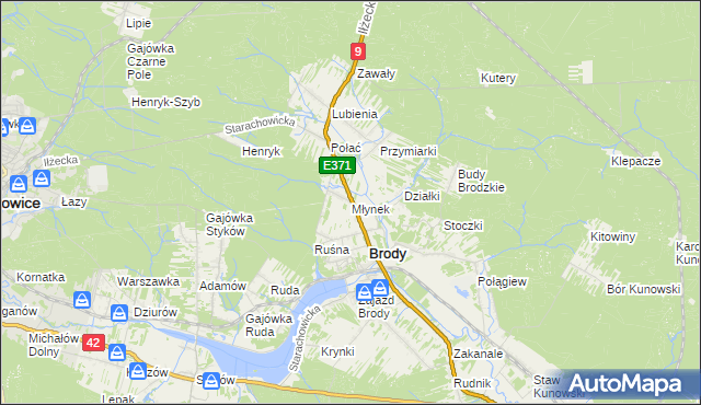 mapa Młynek gmina Brody, Młynek gmina Brody na mapie Targeo