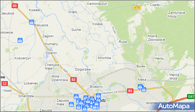 mapa Mnichów gmina Sieradz, Mnichów gmina Sieradz na mapie Targeo