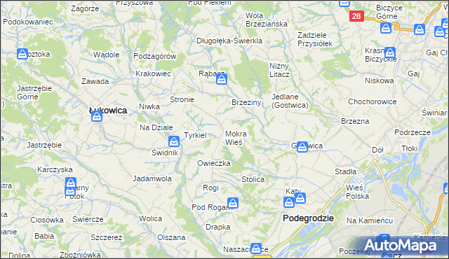mapa Mokra Wieś gmina Podegrodzie, Mokra Wieś gmina Podegrodzie na mapie Targeo