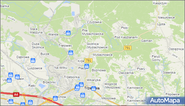 mapa Myślachowice, Myślachowice na mapie Targeo
