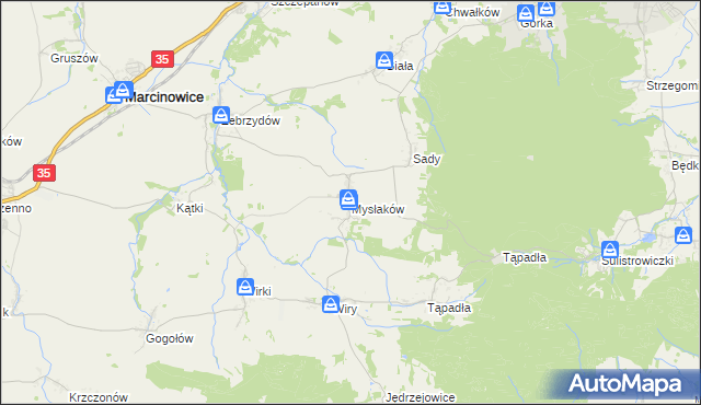mapa Mysłaków gmina Marcinowice, Mysłaków gmina Marcinowice na mapie Targeo