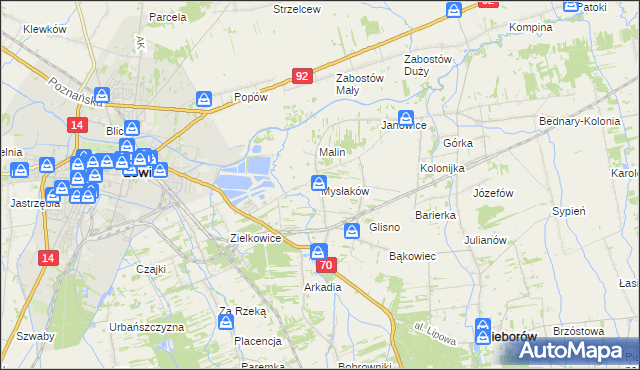 mapa Mysłaków gmina Nieborów, Mysłaków gmina Nieborów na mapie Targeo