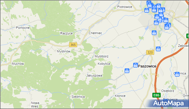 mapa Myślibórz gmina Paszowice, Myślibórz gmina Paszowice na mapie Targeo