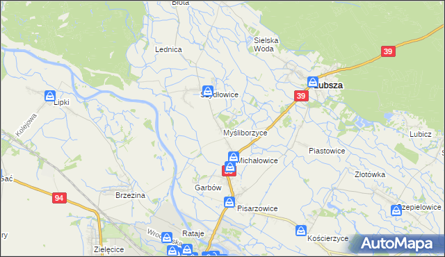 mapa Myśliborzyce gmina Lubsza, Myśliborzyce gmina Lubsza na mapie Targeo