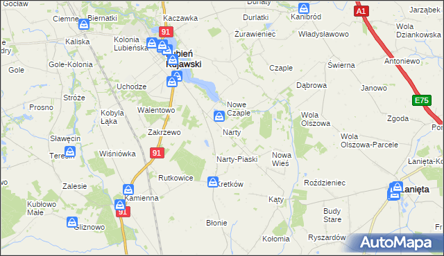mapa Narty gmina Lubień Kujawski, Narty gmina Lubień Kujawski na mapie Targeo