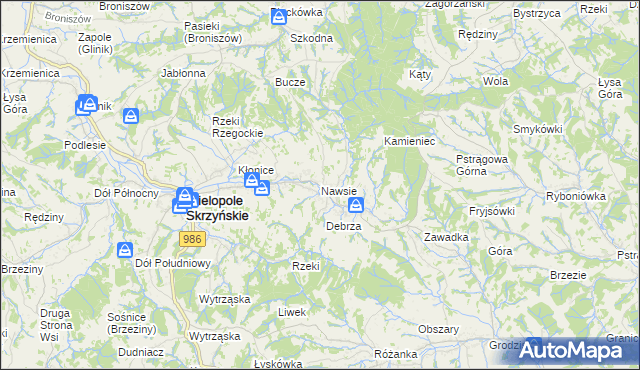 mapa Nawsie gmina Wielopole Skrzyńskie, Nawsie gmina Wielopole Skrzyńskie na mapie Targeo