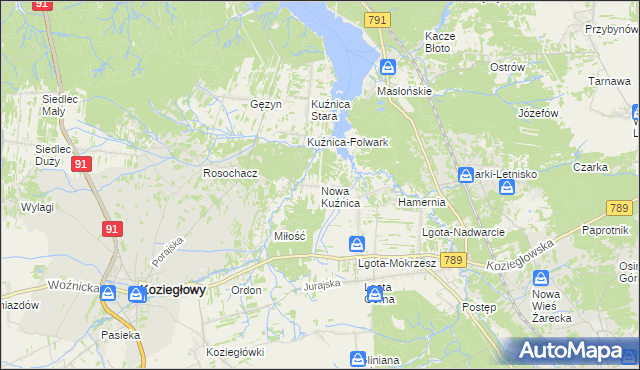 mapa Nowa Kuźnica gmina Koziegłowy, Nowa Kuźnica gmina Koziegłowy na mapie Targeo